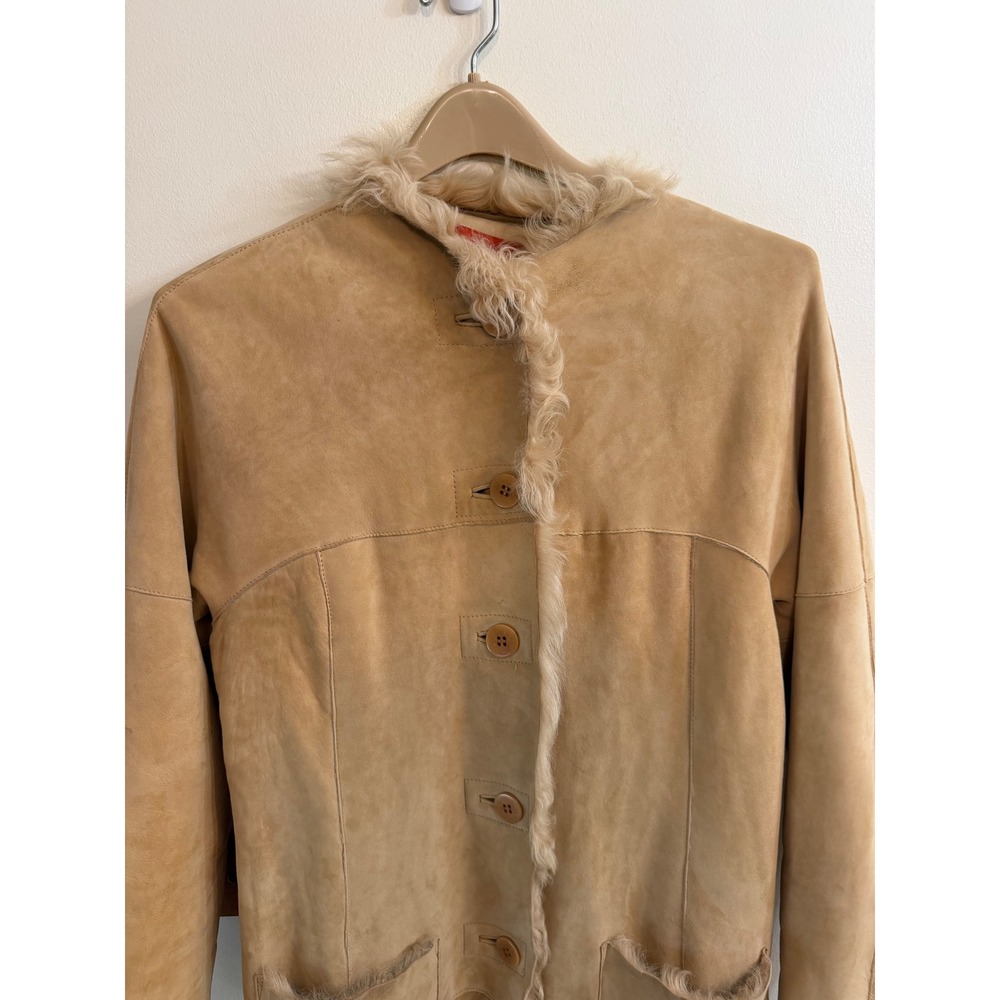 Sundance Catalog Archival M Tan Suede Leather Shearling Fur Long Coat Boho - Picture 5 of 11